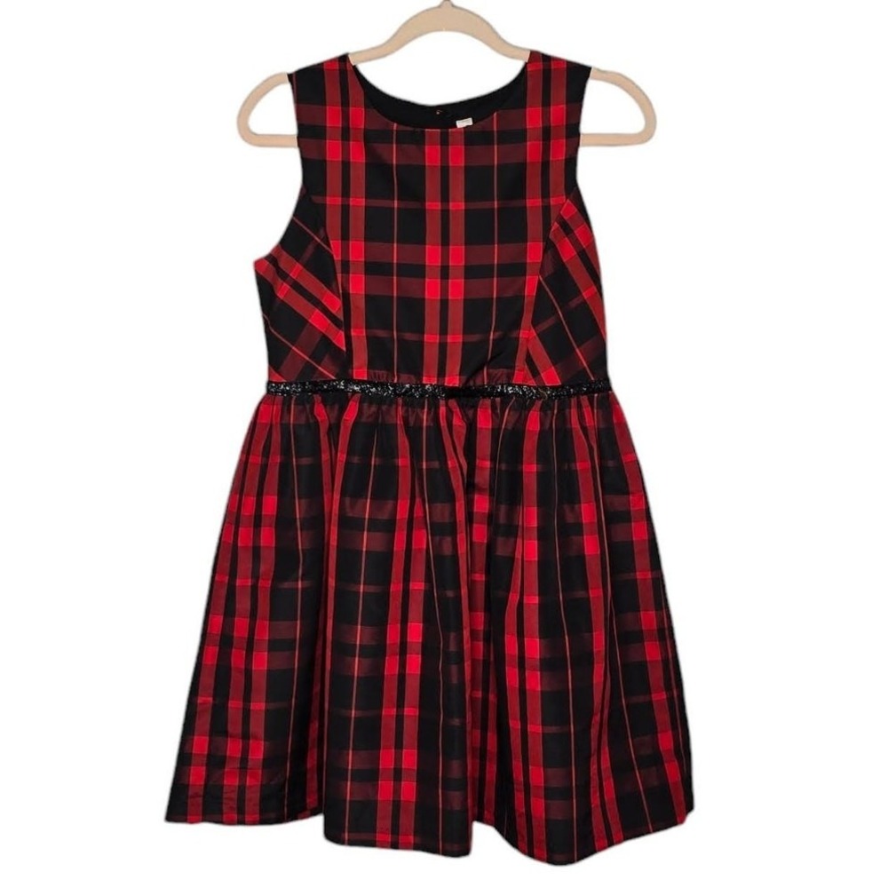 Cherokee Plaid Dress Girls XL Red Black Glitter Waist Holiday Party Sleeveless